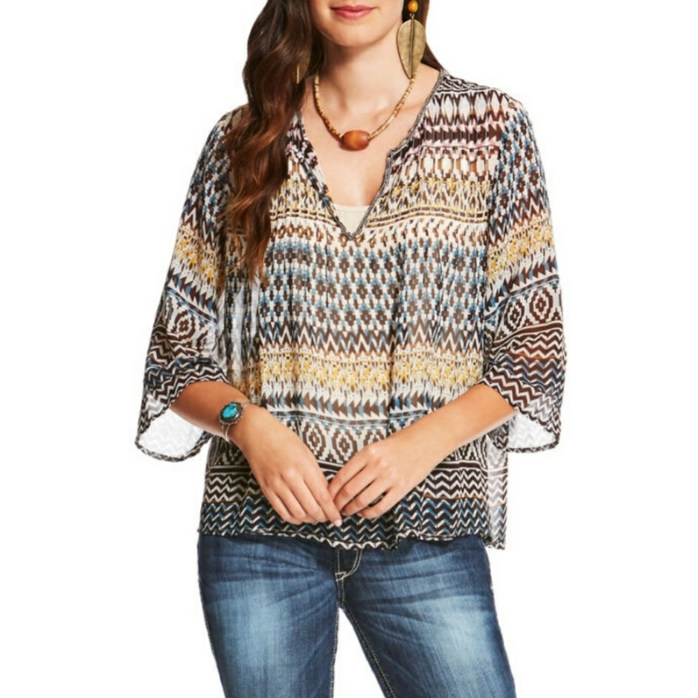 Ariat Womens M Barlow Print Tunic Top Semi Sheer Southwestern Boho Crepe Chiffon